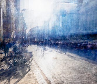 Artistic street scene in colors of blue, purple, gray, taupe.