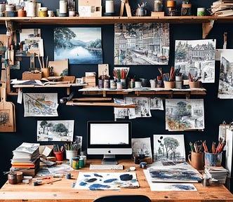 An artist’s office with hand-drawn pictures on the walls, a computer on the desk, cups with pencils on the desk, and various art supplies on a shelf