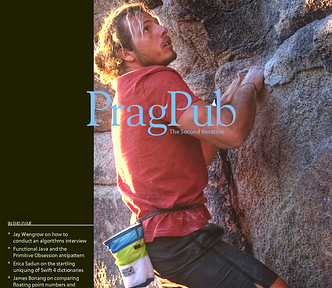 Cover from PragPub Magazine, August 2017 featuring a rock climber