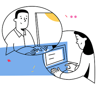 A minimalist illustration depicts a man and a woman interacting through a circular frame, symbolizing an online interface. The man, on the left, looks at a computer, his hands on the keyboard. The woman, on the right, types on a laptop. Between them is a dividing line, evoking a digital divide. The background has abstract shapes, emphasizing the digital theme. The image conveys online collaboration or communication.