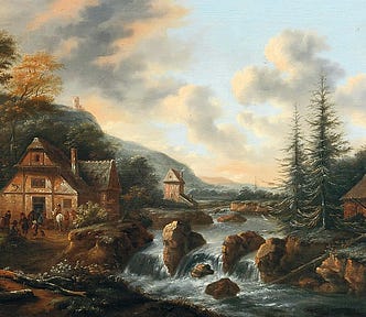 A Scandinavian landscape with travelers in front of a tavern. Medium: oil on canvas. Created in 1676 by Nicolaes Molenaer. | Source: Wiki Commons