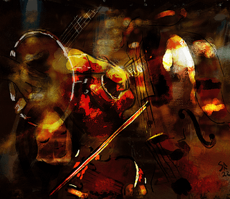 Complex collage of a jam session including fiddle, banjo, guitar and double bass in a dimly lit bar.