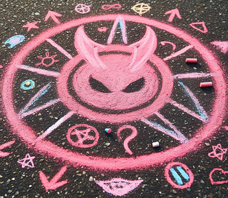 Image of demonic symbols done in colorful chalk on asphalt.