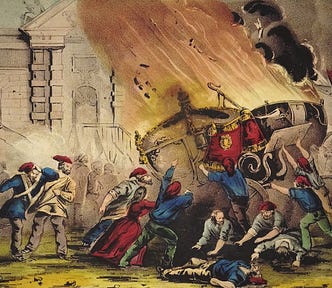 The royal carriage of king Louis Philippe is burned in front of the Chateau d’eau during the French revolution of 1848, Paris 24th February 1848.