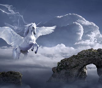 A white Pegasus is flying in the sky.