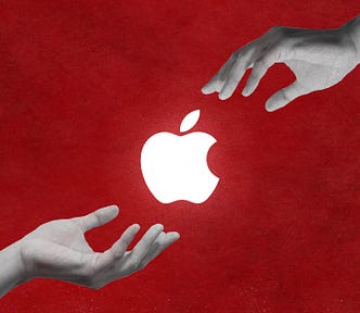 An illustration of two hands reaching towards the Apple logo on a crimson red background.