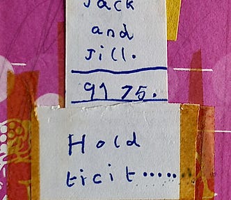 A child’s homemade library ticket in its holder inside a book. The book title is Jack and Jill, and the word ‘ticket’ is misspelt