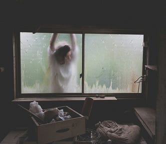 Looking out through the filthy window of a garden shed, a woman can be seen, her face pressed against the glass. She is wearing a white dress and veil. Her arms are raised in a way which suggests her wrists — unseen — may be tied to each other and to the shed.