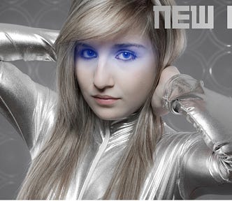 A blonde woman with silver clothes, science fiction, blue eyes
