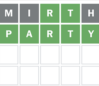 A Wordle solved in two guesses: Mirth, Party