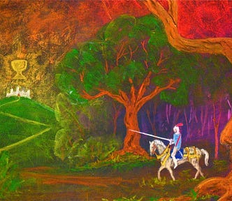 A lone knight on his steed emerges from a dark forest. A castle with the Grail lies up ahead.
