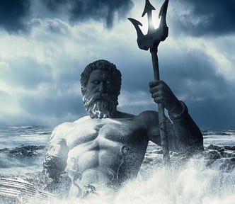 Sculpture of greek god poseidon in the backdrop of a stormy sea