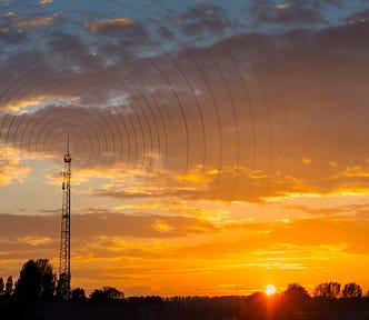 RF tower showing radio frequency waves.