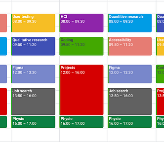 A screenshot of a calendar with colour-coded blocks of time reserved for different UX disciplines