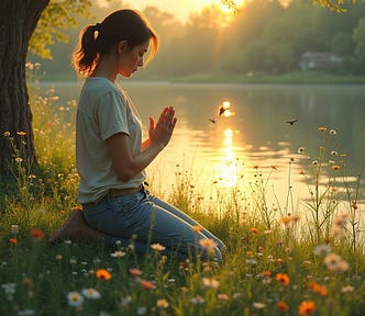 Girl sitting with hands joined in prayer near a lake