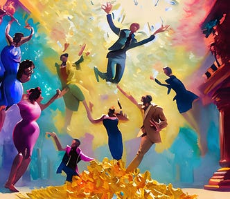 An impressionist picture of a group of professional people flying around in a cloud of money on top of a pile of gold.