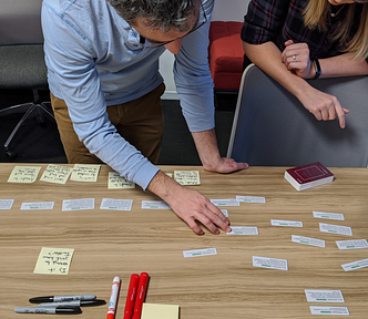 Photo of two people arranging sticky notes and pieces of paper with quotes on them into a linear sequence.