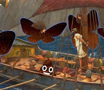 A painting of Ulysses tied to the mast, beset by flying sirens. The sirens’ wings have been replaced with the Bluesky butterfly wing logo. On the deck of Ulysses’ trireme is a giant poop emoji.