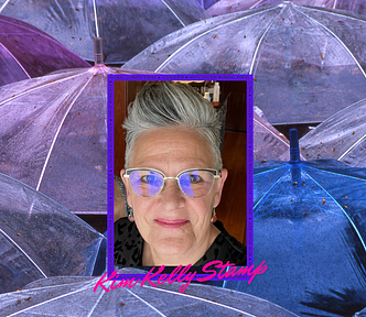 Image of woman smiling, set against collage of purple and blue umbrellas.