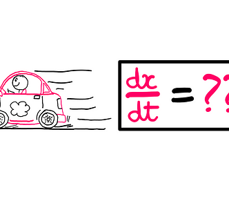 Calculus XII: How To Deal With The Time Derivative — An illustration of a car travelling at a fast rate on the left. The driver seems to be a smiling stick figure with a smug look. On the right, the following pink text is written inside a black box: “dx/dt = what ??”