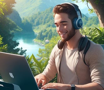 A young red-haired man working on his laptop amidst beautiful nature and sunshine