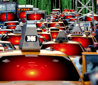 A Times Square traffic jam; all the cars’ windscreens have been filled with the menacing red eye of HAL9000 from 2001: A Space Odyssey. The background has been filled with a Matrix “code-waterfall” effect.