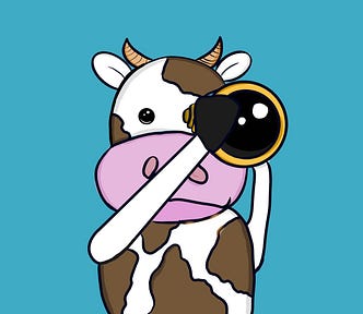 The image shows an adorable hand drawn cow looking though a telescope right at the reader. The cow is white with brown spots and the background is a cool teal.