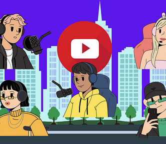 A graphic of gen z youtube content creators with the youtube logo in a skyscraper city skyline with a violet background. Characters represent a comentator, a male singer, a gamer girl, a male influencer, and a pwd singer.