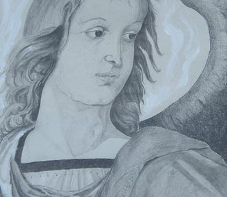 A black and white drawing of an angel.