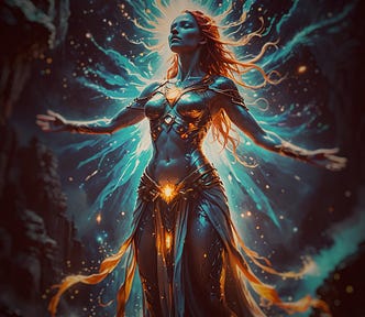 Image of a woman standing arms outstretched receiving energy from her environment and from what might be the universe itself. Her body glows orange but her skin is blue.