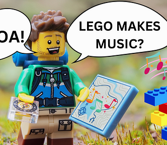 A LEGO minifigure decked out in hiking gear including a compass in his right hand and a map in his left. He stands in a real grass background. A speech bubble to the left of his face says “WHOA!” while the one to the right of him says “LEGO MAKES MUSIC?” In the bottom right corner are LEGO bricks stacking on top of each other with music notes above them. Ther are also music notes on the map piece the minifig holds in his left hand.