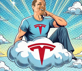 IMAGE: A cartoonish Elon Musk sitting on a cloud with the Tesla logo, wearing a t-shirt also with the Tesla logo