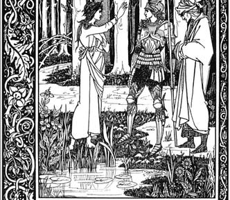A woodcut engraving showing a woman standing beside a lake greeting an armoured man and an older man wearing a long robe. It is captioned, “The lady of the lake telling Arthur of the low sword Sexclubber.”