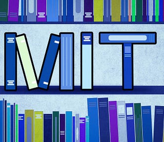 Illustration of a bookshelf where some of the book spines spell out “MIT”