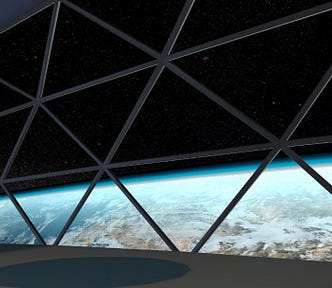A giant window with geodesic reinforcing bars overlooks the planet Earth from low orbit, the top two-thirds showing a field of stars.