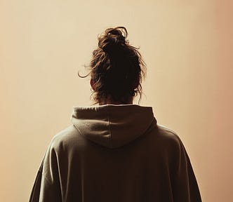 Picture of a man with a messy bun from behind wearing a hoodie.
