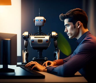 Man typing while an AI robot watches.