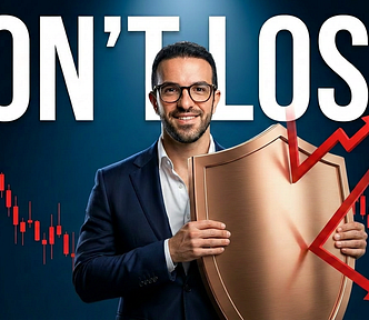 Henrique Centieiro in a dark navy suit holding up a silver shield that deflects red stock market arrows crashing down. Bold white text reads “Don’t Lose.”