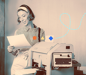 A vintage style photo of a woman holding a piece of paper and standing next to a fax machine on a table in