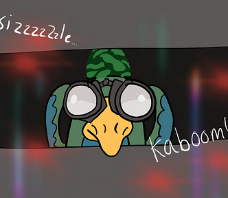 The Chief Bird looking through binoculars from an opening in the bunker, wearing an army hat. Sizzle! Kaboom! Reflections of fireworks cast on the screen.