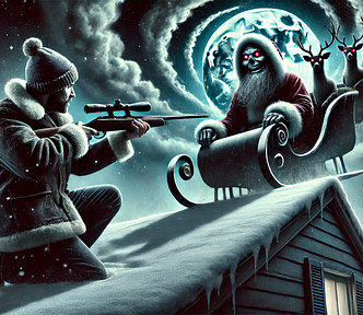 A man pointing a gun at an evil santa and reindeer.