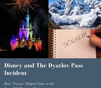 3 photos — Disney Castle at night with fireworks, an avalanche, notebook with the word “SOLVED” — words of photo — Disney and The Dyatlov Pass Incident — How ‘Frozen’ Helped Solve a 62-Year_old Mystery
