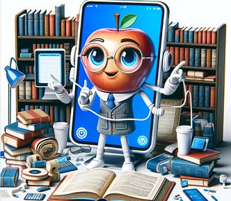A cartoon depicting an AI assistant as an iPhone, dressed as a librarian. It stands behind a library information desk, surrounded by books, scrolls, and gadgets. The AI’s screen-face displays a friendly smile and wears glasses, and it gestures with a charger cable to a large bookcase. Alt-text revised from ChatGPT’s suggestion.