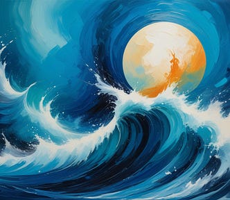 A moon just above wild ocean waves