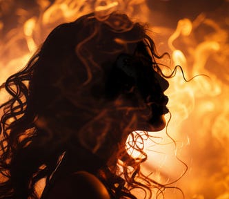 silhouette of woman in front of fire
