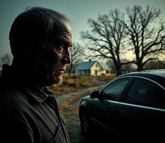 Intense, dramatic lighting, jet black scupltural depicting a grizzled man, late 50s, deep set eyes, weathered skin, standing near a 2009 Chevy Impala. He gazes at a remote, white-washed farmhouse through barren oak trees.