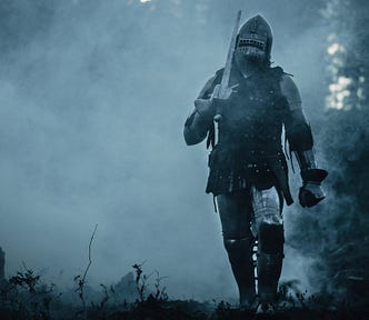 lone knight walking through a misty forest