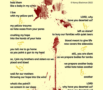 poem on yellow background. Why Do You Hate Us? by Nancy Blackman, AAPI, AAPI heritage month, hate crime