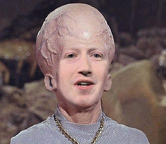 A ‘big brain’ Talosian alien from ‘The Cage,’ the 1965 pilot for Star Trek: the original series; the alien’s face has been replaced with Mark Zuckerberg’s. Image: Anthony Quintano (modified) https://commons.wikimedia.org/wiki/File:Mark_Zuckerberg_F8_2019_Keynote_(32830578717).jpg CC BY 2.0: https://creativecommons.org/licenses/by/2.0/deed.en Star Trek/Paramount (modified): https://www.paramountplus.com/shows/star_trek/