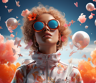 A beautiful woman with curly hair looks up at a fantasy sky with balloons and flowers. This accurately covers what I think of when I consider what it’s like to use free online AI image generators.